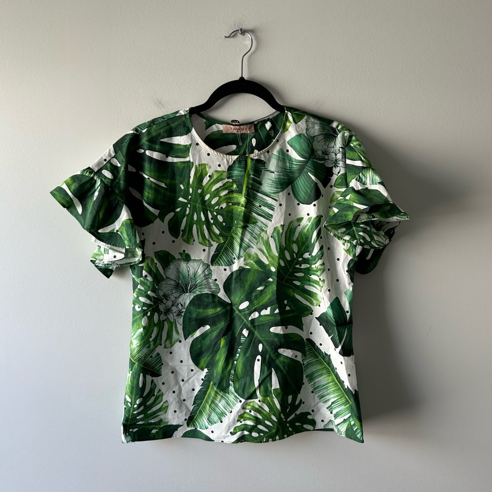 Twinset green tropical monstera leaf printed short sleeve cotton top